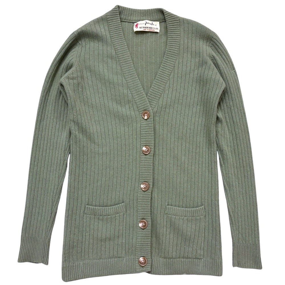 Vtg Pringle of Scotland Ribbed 100% Cashmere Cardigan Women S 36in/92cm Green
